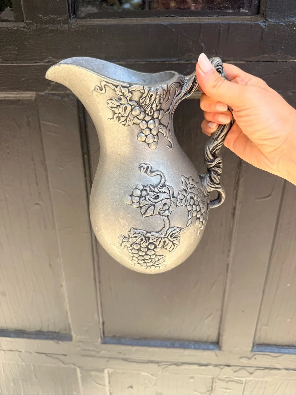 Ornate Grape Relief Pitcher in Antique Pewter Finish